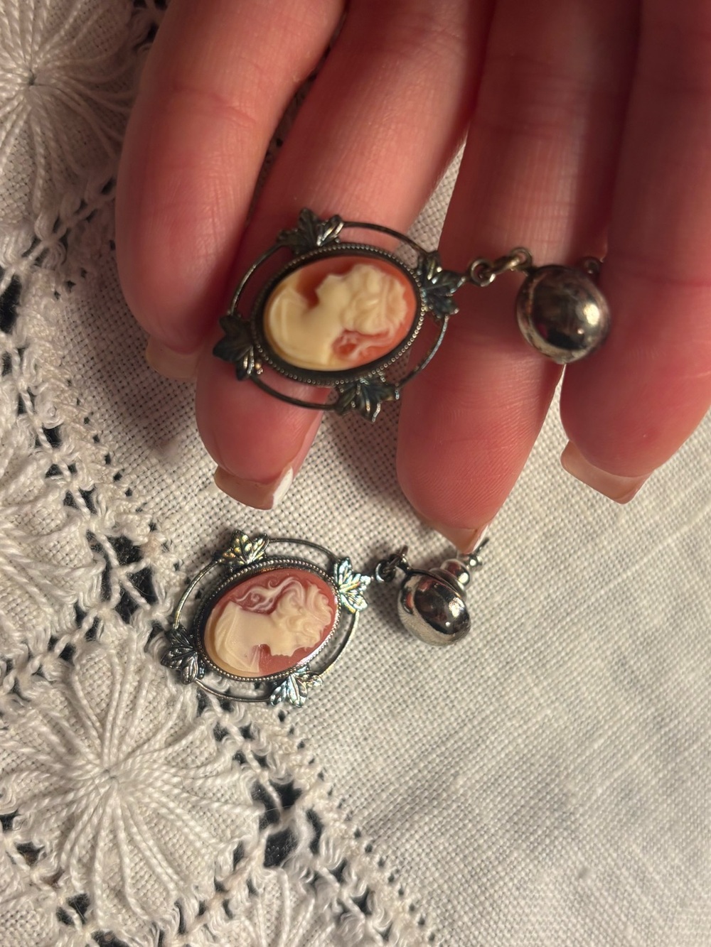 Vintage Cameo Drop Earrings in Cream & Pink
